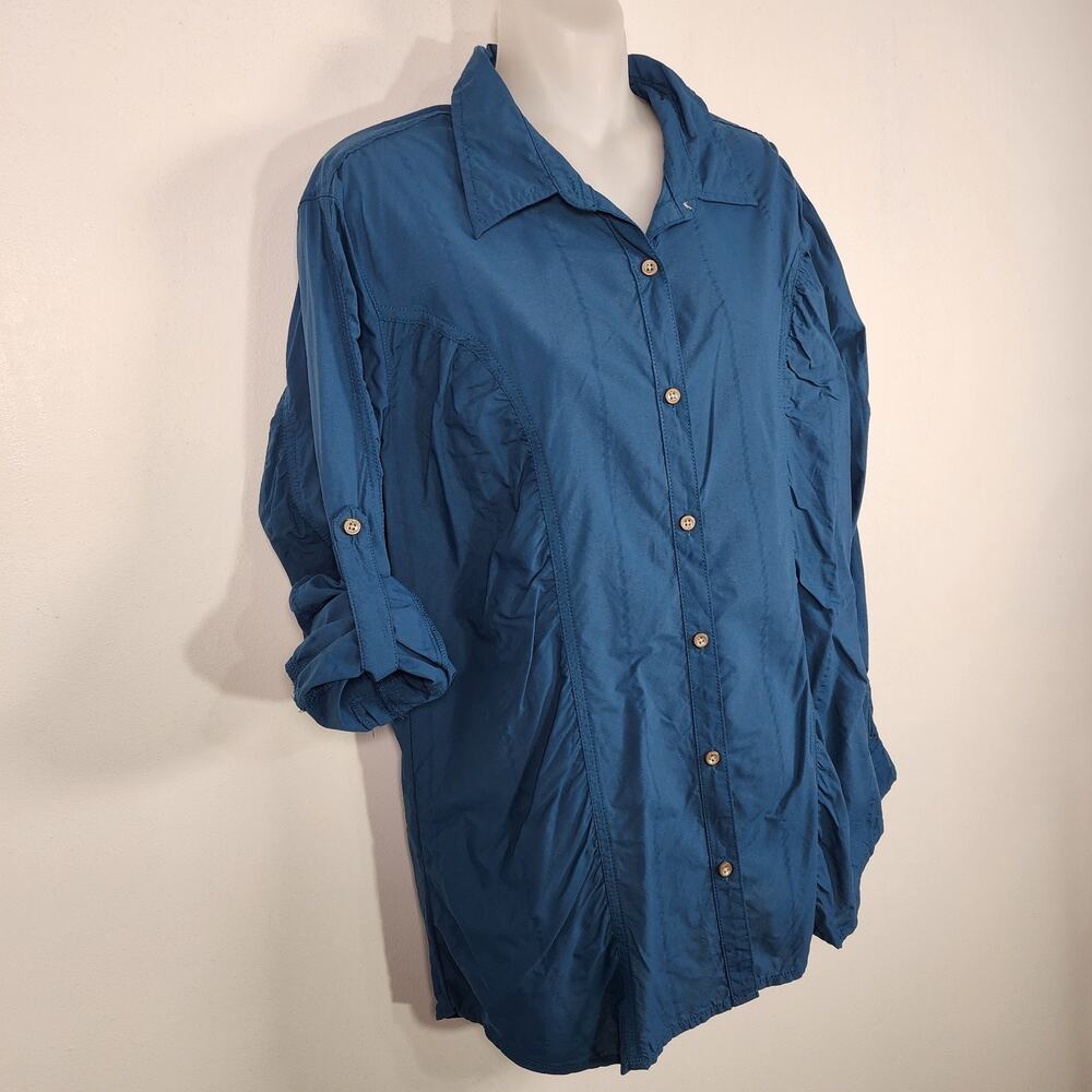 Cabelas Womens Shirt Button Up Fitted Long Roll Tab Sleeve Ruched Teal Outdoor L - Picture 6 of 9